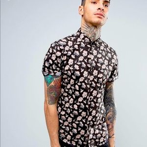 ASOS DESIGN slim shirt with floral print in Navy
